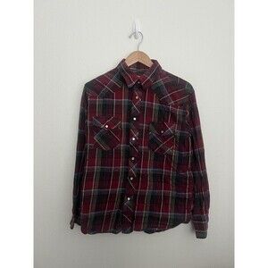 VTG Wrangler Western Rodeo Shirt Large Red Flannel Button Up Pearl Snap Cowboy